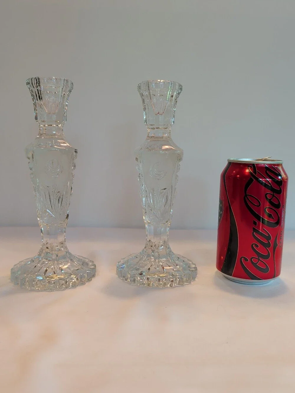 Candlesticks Pair Heavy Crystal Frosted Roses Hofbauer Germany Vintage 7.5